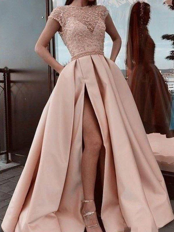 A-Line/Princess Satin Beading Scoop Short Sleeves Sweep/Brush Train Dresses - RongMoon