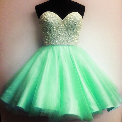 Ice Blue Tulle Pearl Sweetheart Homecoming Dresses Short Prom Gowns