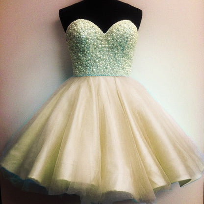 Ice Blue Tulle Pearl Sweetheart Homecoming Dresses Short Prom Gowns