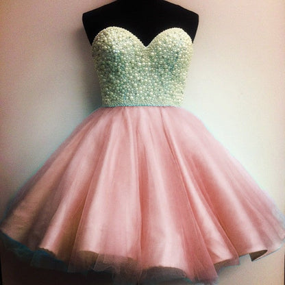 Ice Blue Tulle Pearl Sweetheart Homecoming Dresses Short Prom Gowns