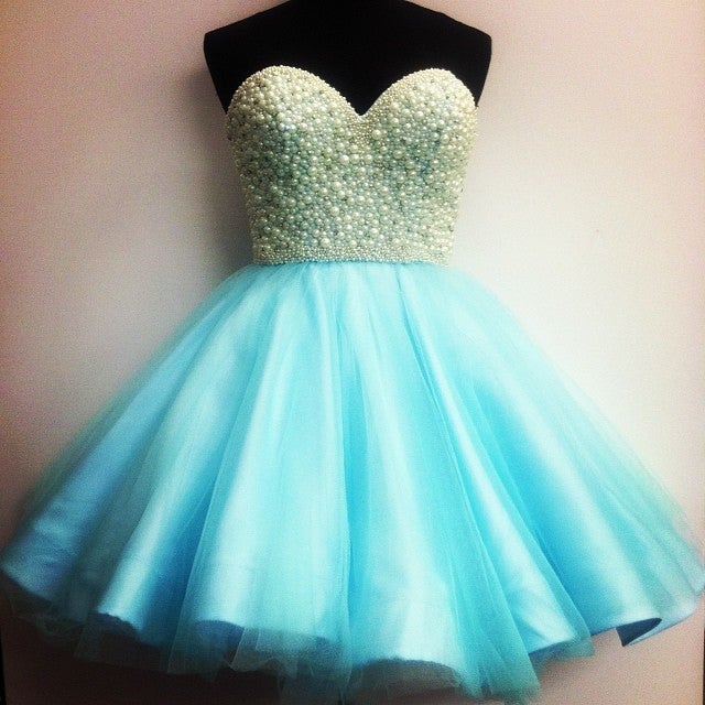 Ice Blue Tulle Pearl Sweetheart Homecoming Dresses Short Prom Gowns