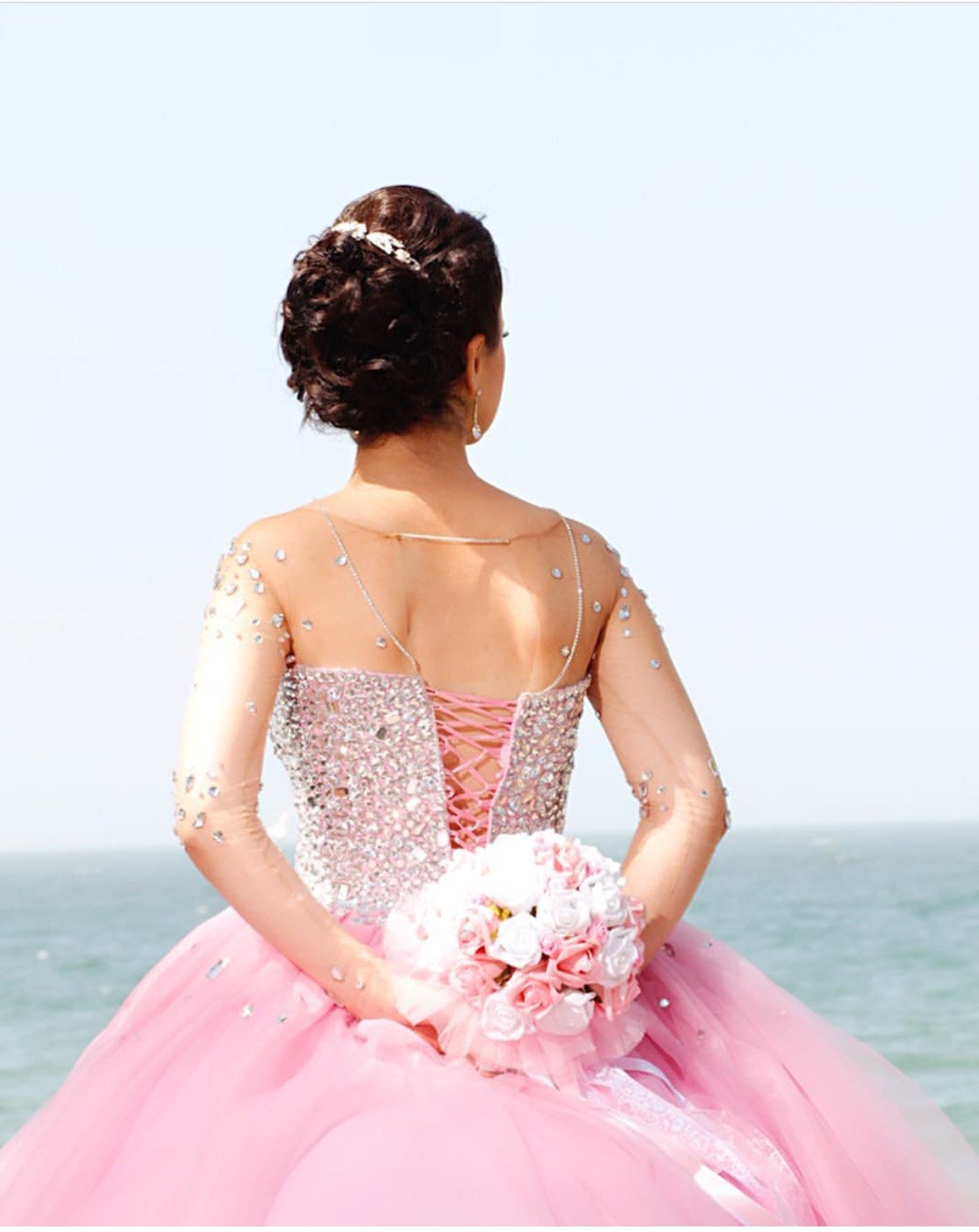Illusion Long Sleeves Pink Tulle Wedding Dresses Crystal Beaded