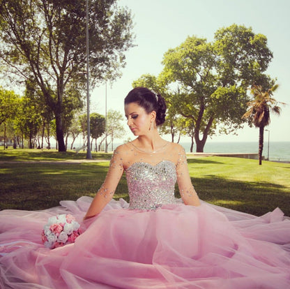 Illusion Long Sleeves Pink Tulle Wedding Dresses Crystal Beaded