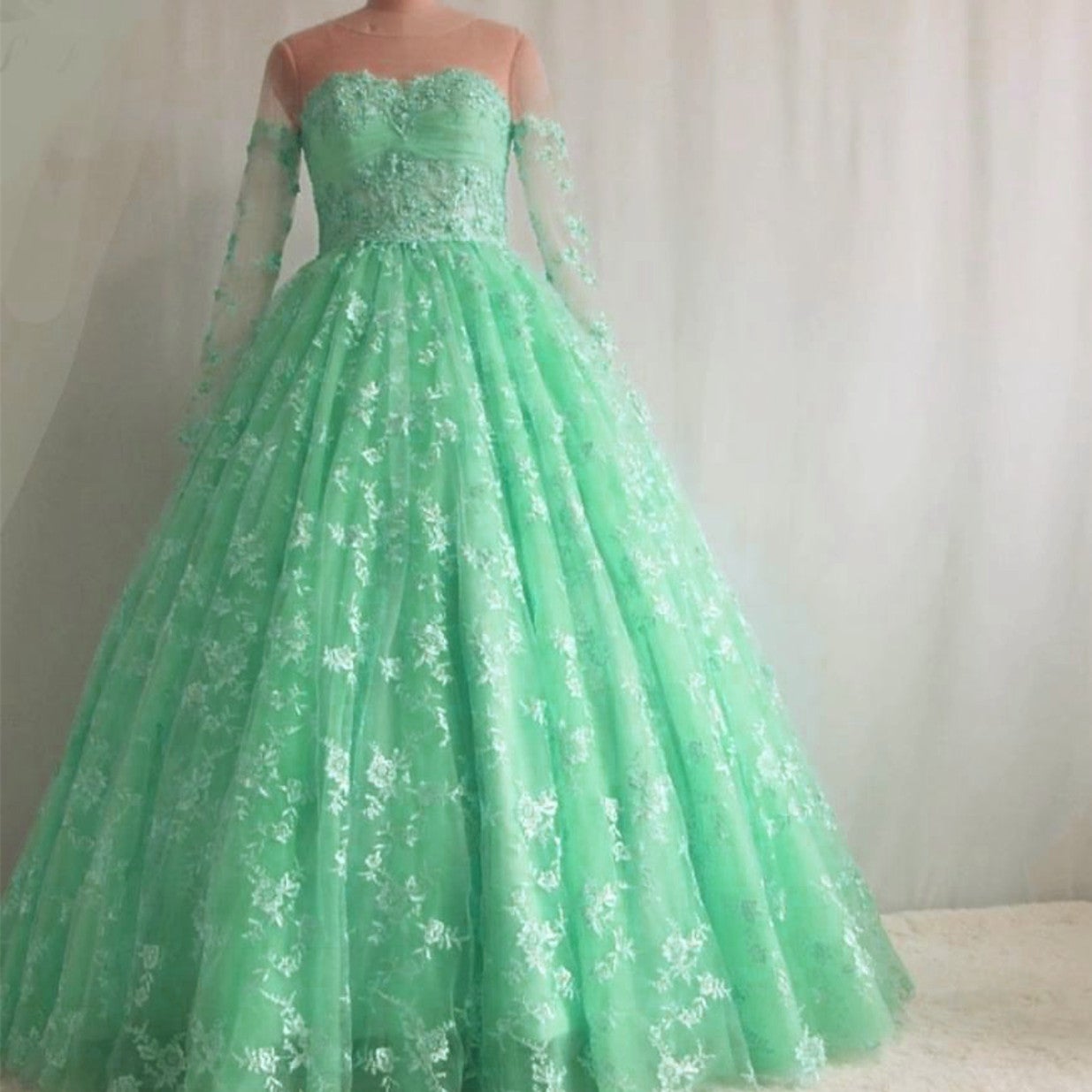 Illusion Neckline Long Sleeves Lace Ball Gowns Quinceanera Dresses