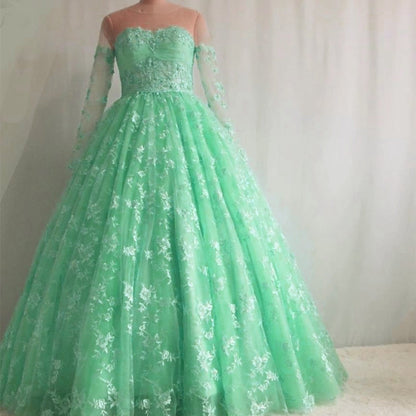 Illusion Neckline Long Sleeves Lace Ball Gowns Quinceanera Dresses