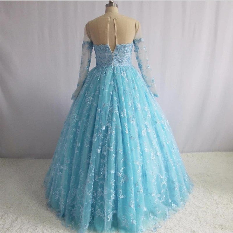 Illusion Neckline Long Sleeves Lace Ball Gowns Quinceanera Dresses