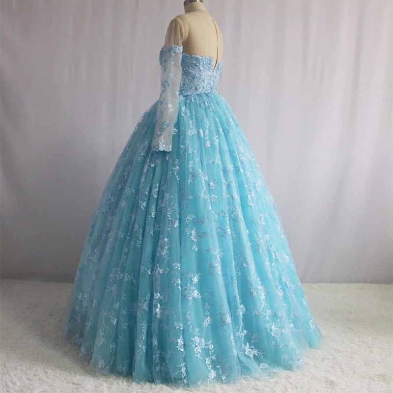 Illusion Neckline Long Sleeves Lace Ball Gowns Quinceanera Dresses