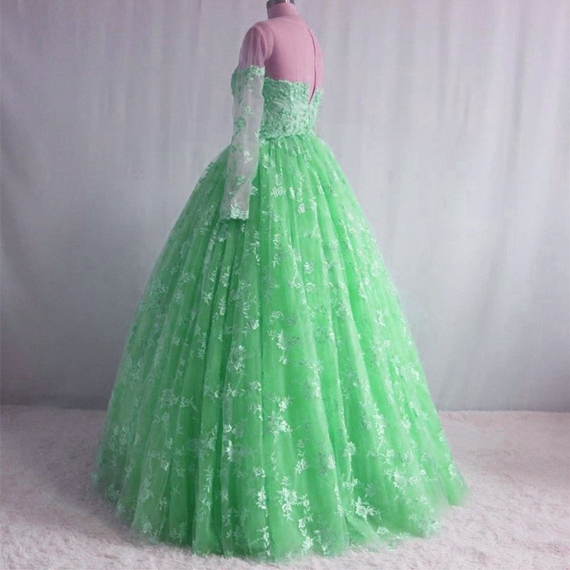 Illusion Neckline Long Sleeves Lace Ball Gowns Quinceanera Dresses