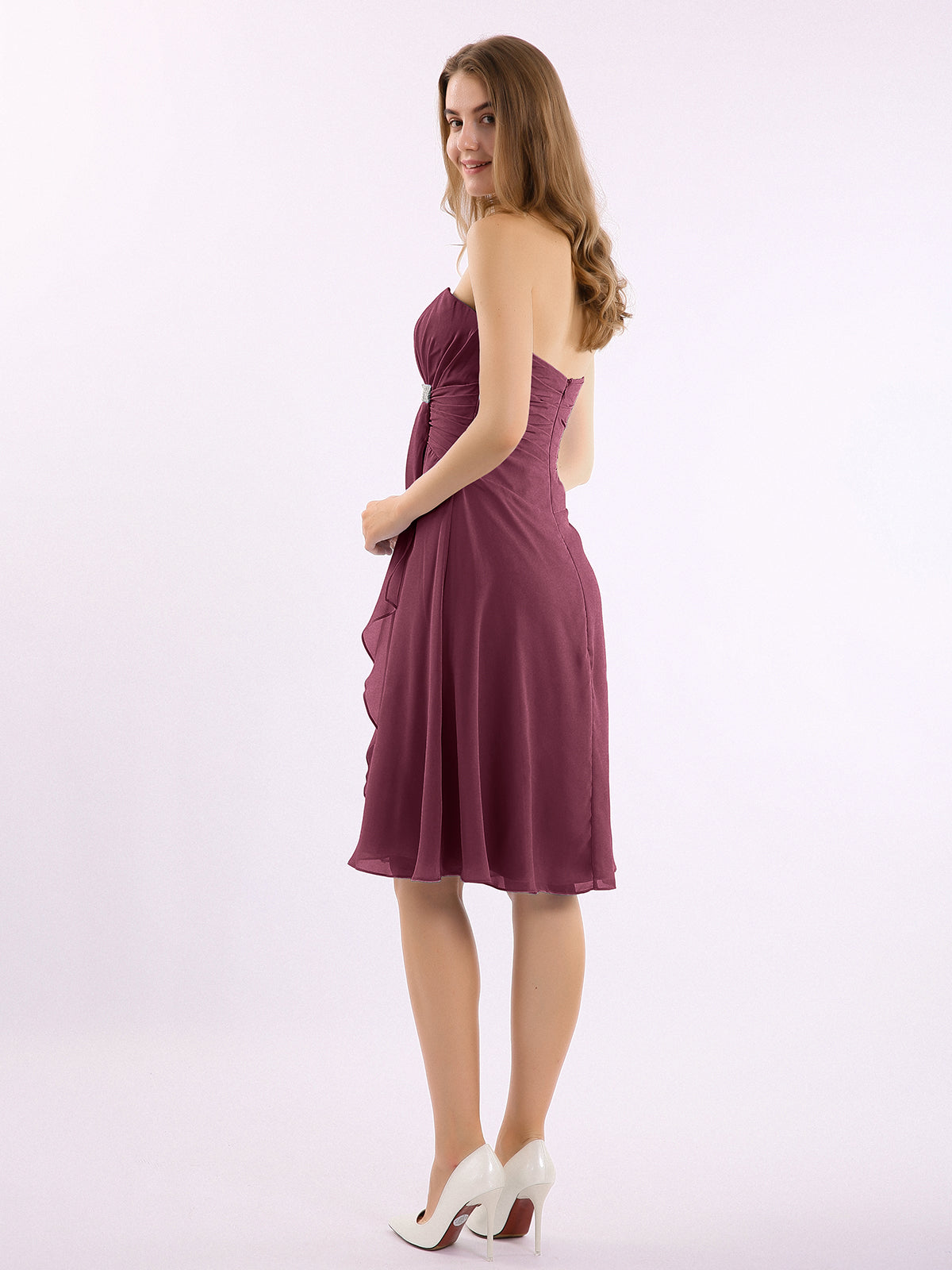 Knee Length Chiffon Dress with Sweetheart Neck-Mulberry