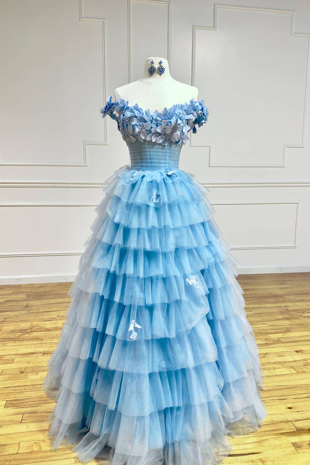 Tulle Off the Shoulder A-Line Ruffled Applique Long Prom Dress with Slit