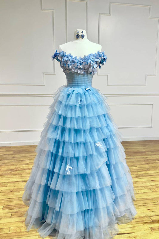 Tulle Off the Shoulder A-Line Ruffled Applique Long Prom Dress with Slit