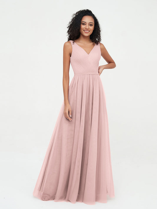 Princess Full Length Tulle Dresses with V-neckline-Dusty Rose