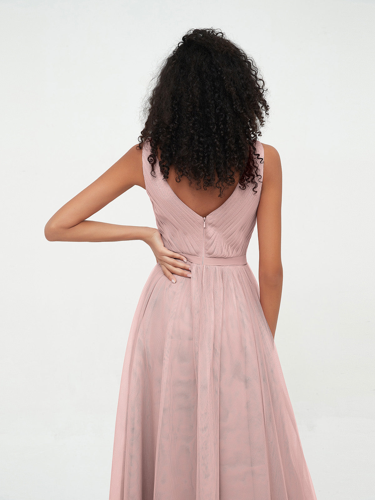 Princess Full Length Tulle Dresses with V-neckline-Dusty Rose