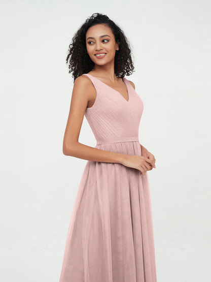 Princess Full Length Tulle Dresses with V-neckline-Dusty Rose