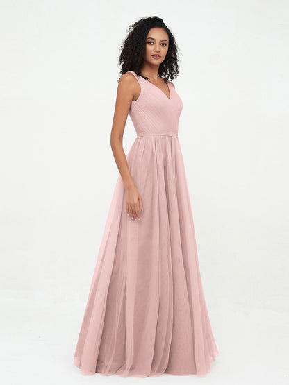 Princess Full Length Tulle Dresses with V-neckline-Dusty Rose