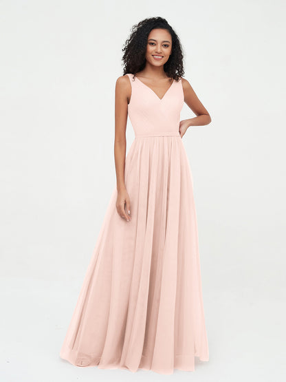 Princess Full Length Tulle Dresses with V-neckline-Dusty Rose