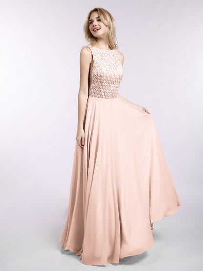 Lace Bodice Chiffon Skirt Long Gown-Pearl Pink