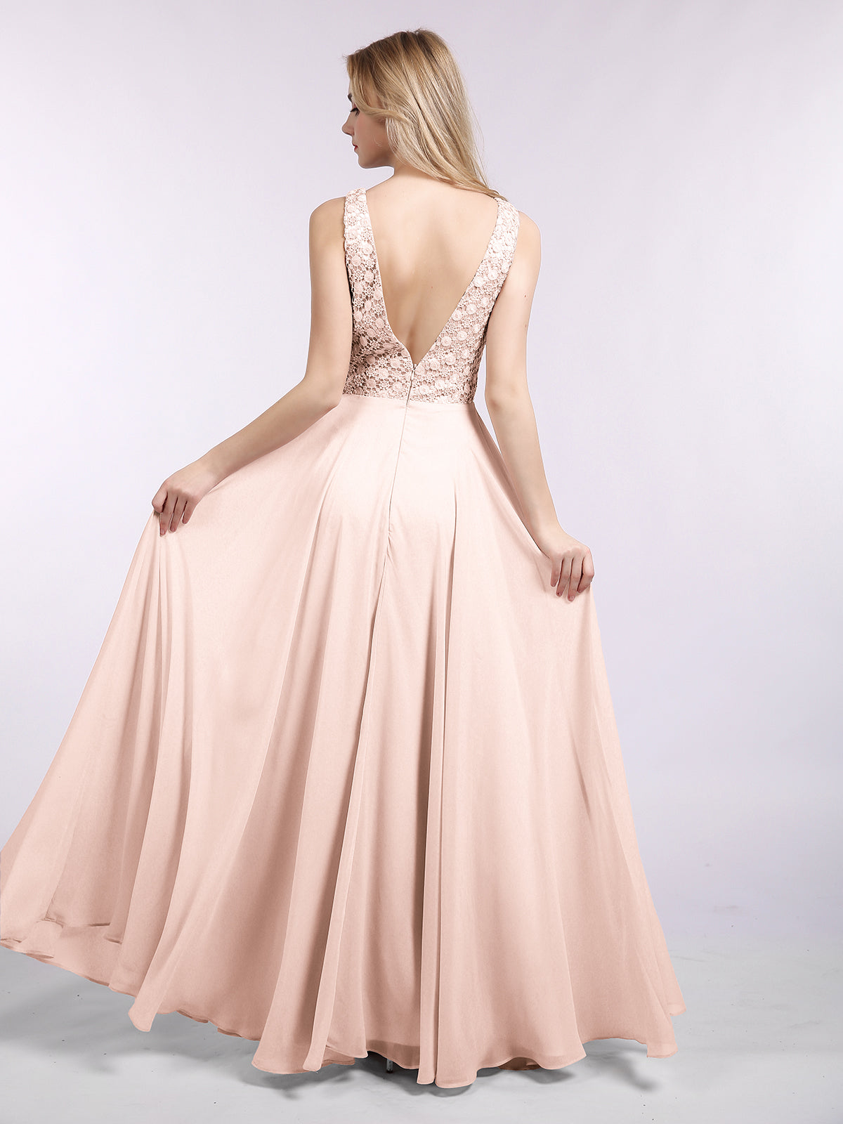 Lace Bodice Chiffon Skirt Long Gown-Pearl Pink