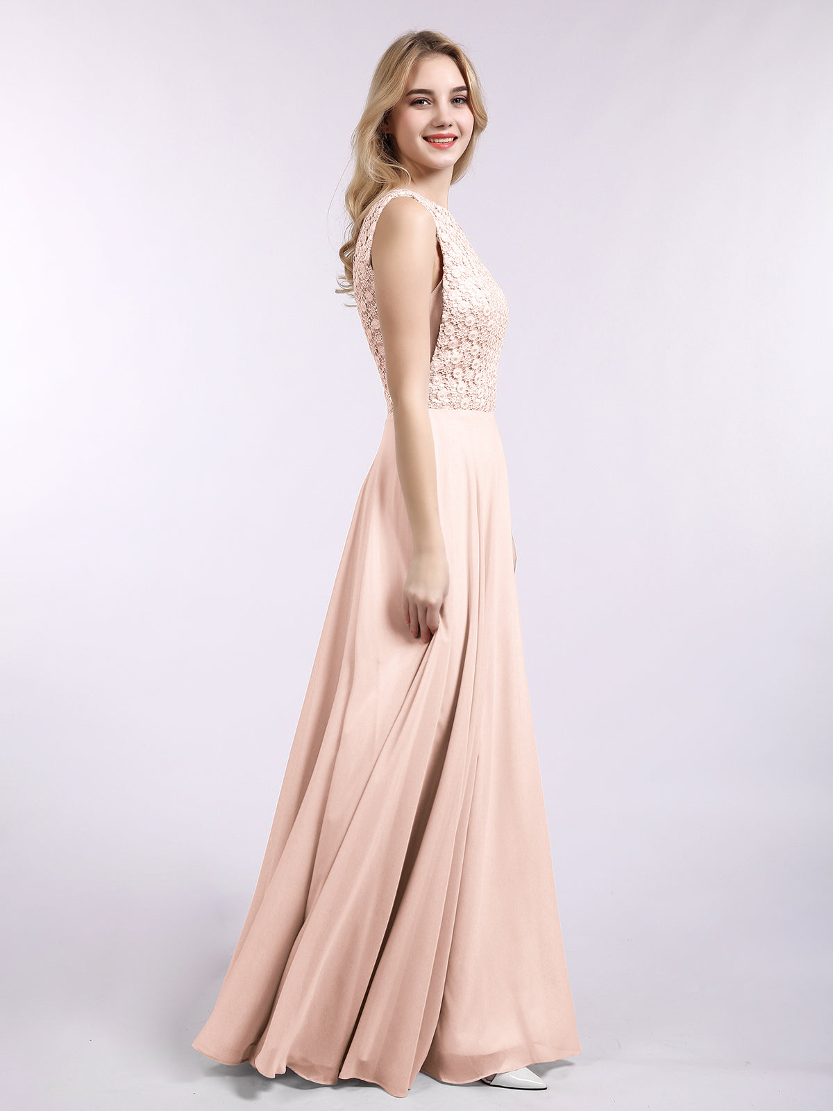 Lace Bodice Chiffon Skirt Long Gown-Pearl Pink