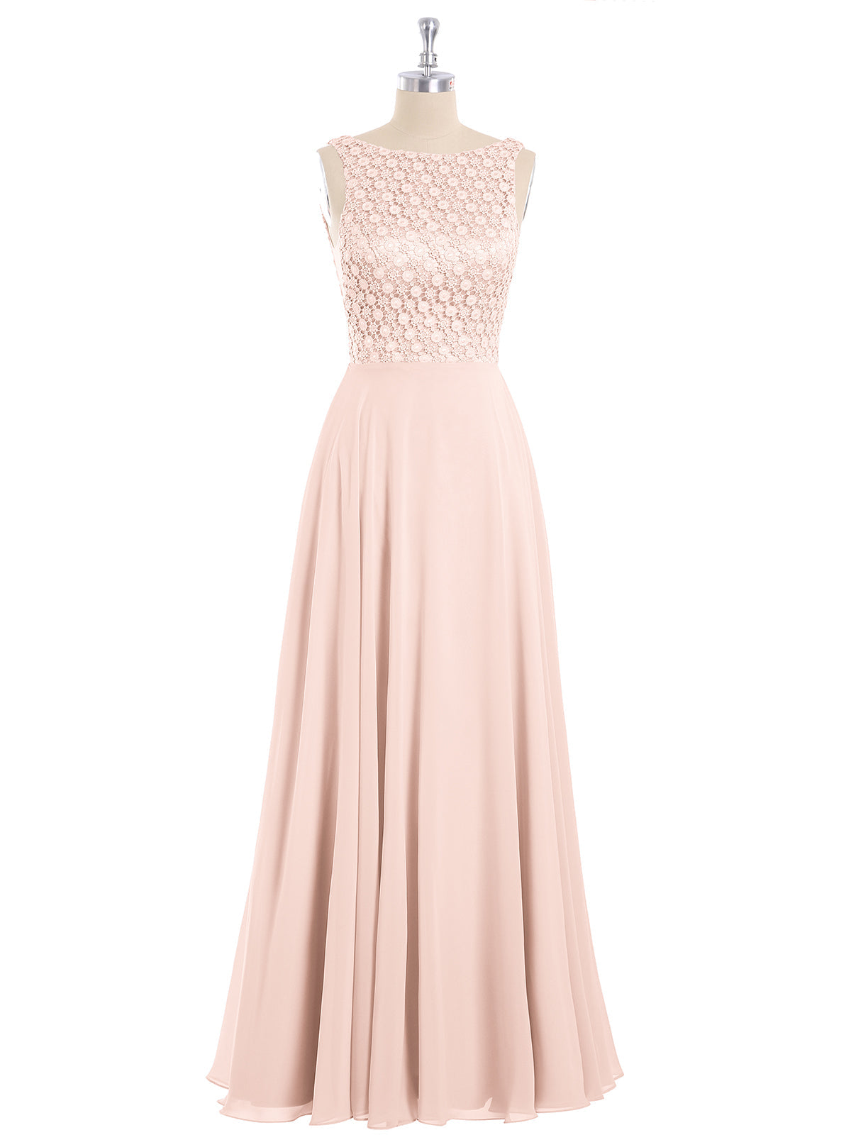 Lace Bodice Chiffon Skirt Long Gown-Pearl Pink