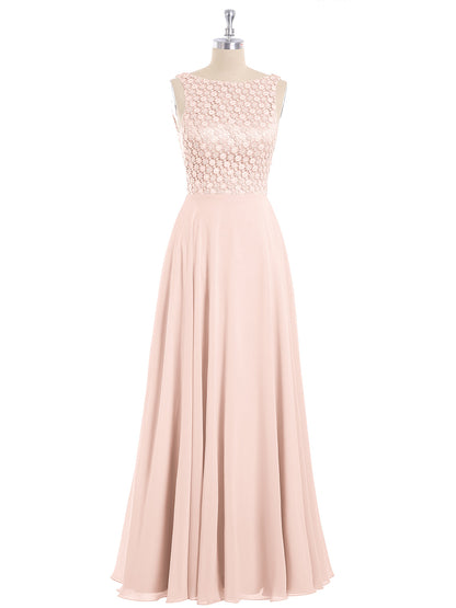 Lace Bodice Chiffon Skirt Long Gown-Pearl Pink