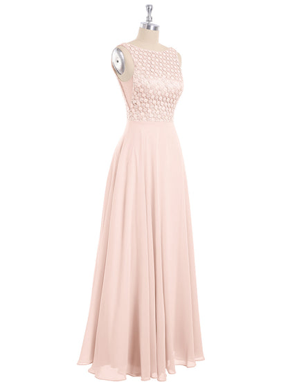 Lace Bodice Chiffon Skirt Long Gown-Pearl Pink