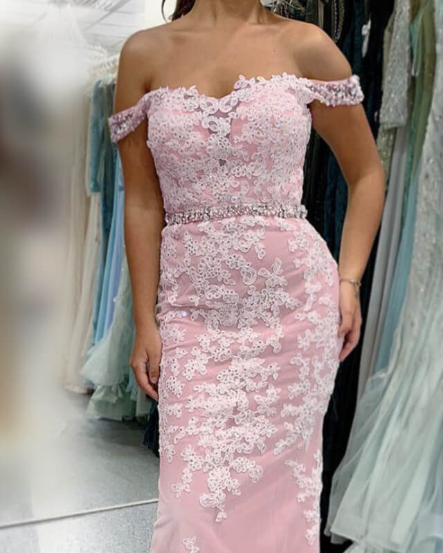 Mermaid Ivory And Pink Lace Prom Dress