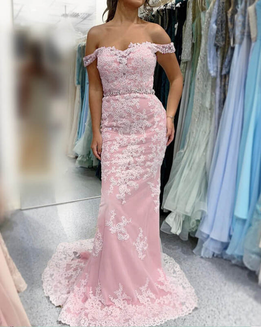 Mermaid Ivory And Pink Lace Prom Dress