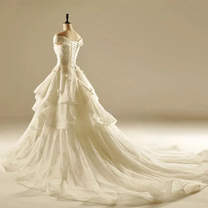 Ivory Lace A-line V Neck Off The Shoulder Wedding Dresses Princess