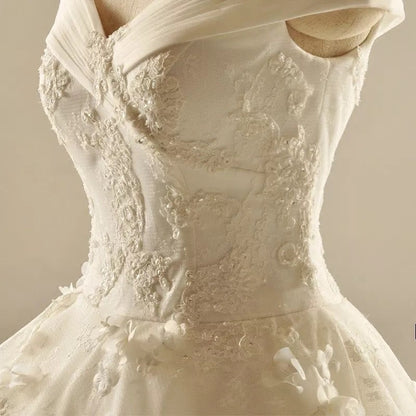 Ivory Lace A-line V Neck Off The Shoulder Wedding Dresses Princess