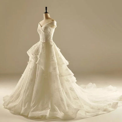 Ivory Lace A-line V Neck Off The Shoulder Wedding Dresses Princess