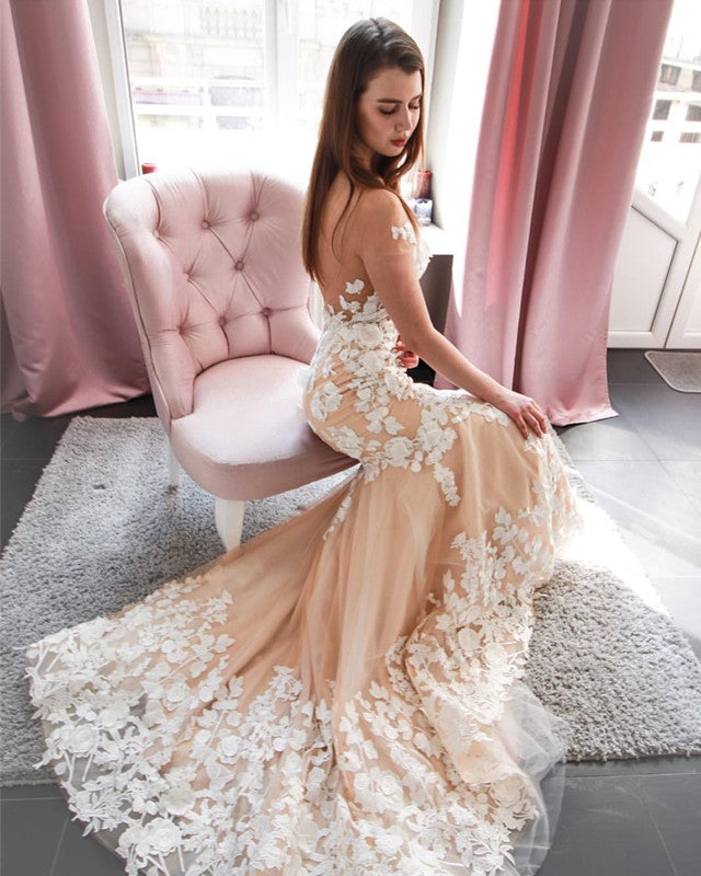 Ivory Lace Appliques Champagne Tulle Backless Mermaid Wedding Dresses
