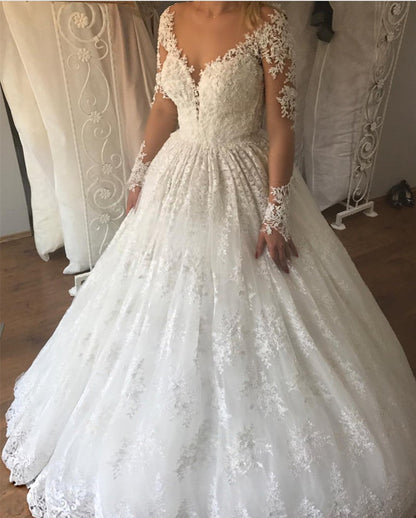 Ivory Lace Appliques Long Sleeves Ball Gowns Wedding Dresses