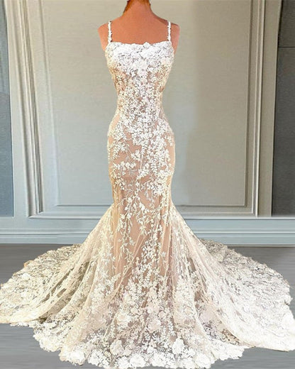 Ivory Lace Mermaid Wedding Dresses Nude Tulle Open Back