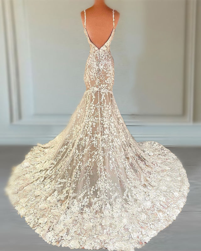 Ivory Lace Mermaid Wedding Dresses Nude Tulle Open Back