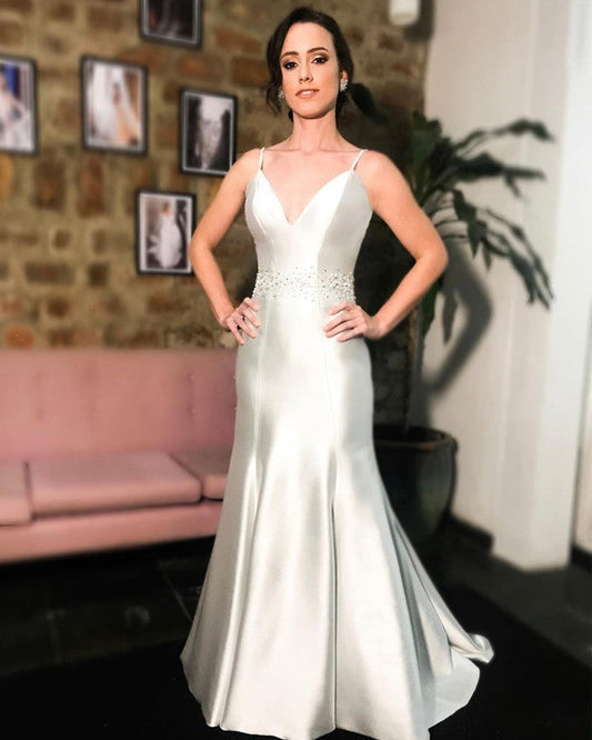 Simple Ivory Satin Mermaid Wedding Dress V Neck Appliques