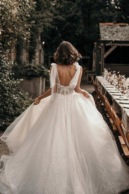 Aimishang Elegant Ivory Straps A Line With Sequins Sleeveless Wedding Dresses