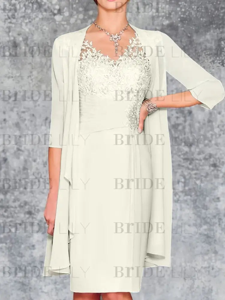 Two Piece Ruffle Chiffon Mother of the Bride Outfit Lace Short Wedding Guest Dress