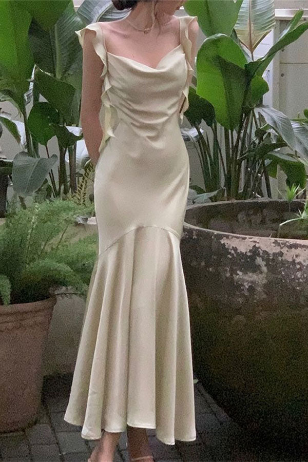 Ivory Spaghetti Straps Mermaid Satin Long Prom Dress with Ruffles