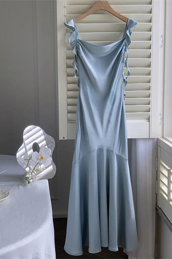 Ivory Spaghetti Straps Mermaid Satin Long Prom Dress with Ruffles