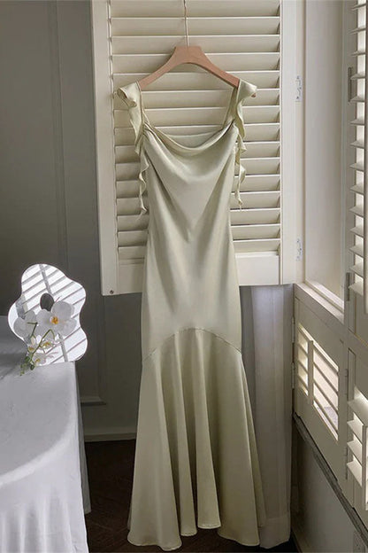 Ivory Spaghetti Straps Mermaid Satin Long Prom Dress with Ruffles