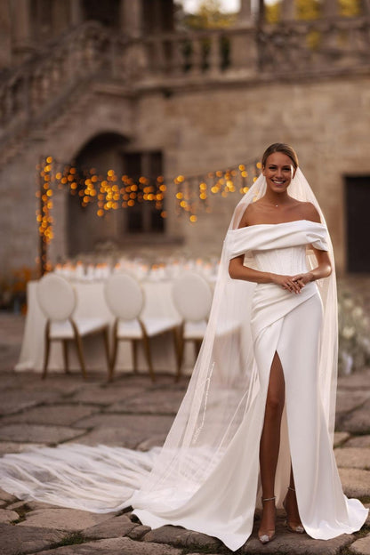 Ivory Off-Shoulder Satin Wedding Dress with Corset and High Slit