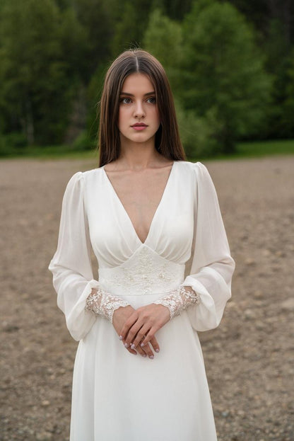 Ivory Lace Wedding Dress Long-sleeve Button Back Long Train Gown Open Back Lace & Chiffon
