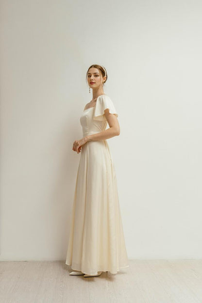 Floor Length Dress Flutter Short Sleeves Square neck Dress Simple Satin Wedding Dress