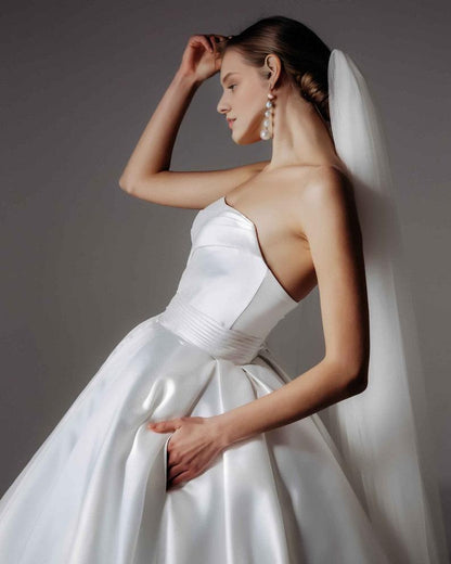 Satin Wedding Gown with Train Lush Royal Wedding Dress Open Shoulders Princess Wedding A line Ball Bridal Dress Ivory Cathedral Dress