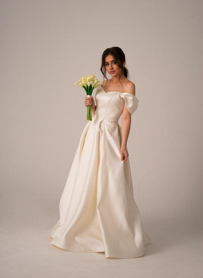 Ivory Satin Lace-up Corset Wedding Dress Simple Off Shoulder White Wedding Dress With A High Slit Modern A Line Bridal Dress