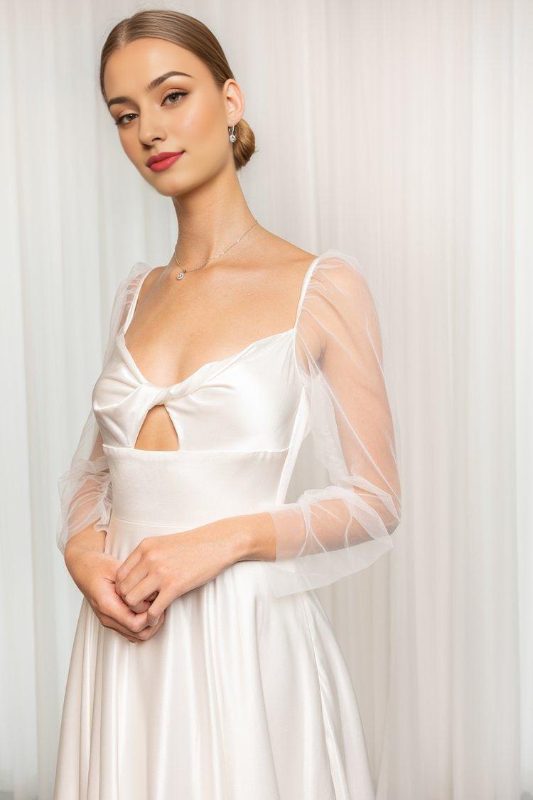 Ivory Silky Satin A-Line Wedding Gown with Sheer Long Sleeves