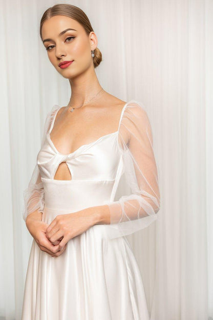 Ivory Silky Satin A-Line Wedding Gown with Sheer Long Sleeves
