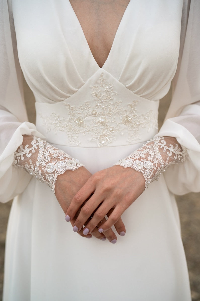 Ivory Lace Wedding Dress Long-sleeve Button Back Long Train Gown Open Back Lace & Chiffon
