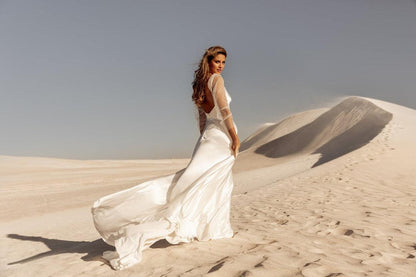Ivory Silky Satin A-Line Wedding Gown with Sheer Long Sleeves
